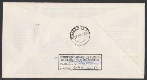 AVIATION 1986 75TH ANNIV 1ST SA AERIAL POST KENILWORTH-MUIZEMBERG 27/12/11 COM COVER SIGNED PILOT