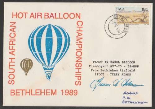 AVIATION 1989 SA HOT AIR BALLOON CHAMPIONSHIPS FLIGHT COVER SIGNED PILOT TERRY ADAMS