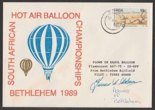 AVIATION 1989 SA HOT AIR BALLOON CHAMPIONSHIPS FLIGHT COVER SIGNED PILOT TERRY ADAMS