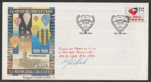 AVIATION 1991 SA HOT AIR BALLOON CENTENARY COM COVER SIGNED PILOT MARTY DE KOCK AND COVER ARTIST