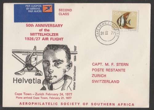 AVIATION 1977 FLIGHT COVER 50TH ANNIV MITTELHOLZER FLIGHT CAPE TOWN-ZURICH