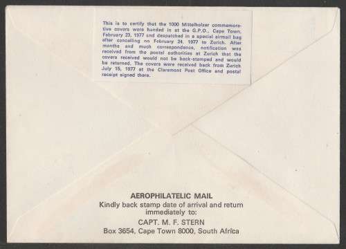 AVIATION 1977 FLIGHT COVER 50TH ANNIV MITTELHOLZER FLIGHT CAPE TOWN-ZURICH