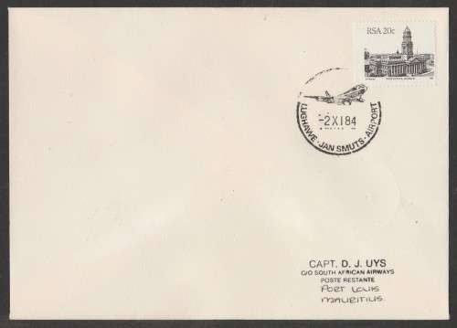 AVIATION 1984 FLIGHT COVER JAN SMUTS AIRPORT - PORT LOUIS MAURITIUS 2/11/84