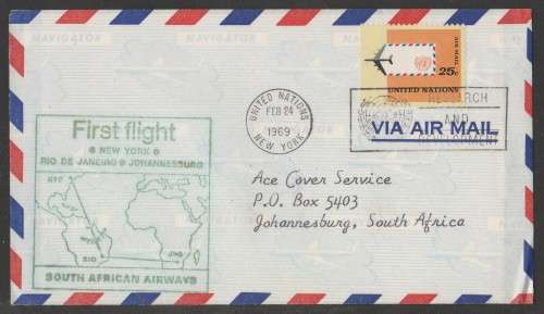 AVIATION 1969 SAA FLIGHT COVER 1ST FLIGHT NEW YORK - JHB WITH UNITED NATIONS D/S 24/2/69