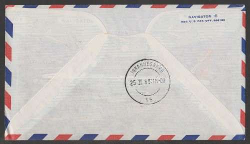 AVIATION 1969 SAA FLIGHT COVER 1ST FLIGHT NEW YORK - JHB WITH UNITED NATIONS D/S 24/2/69