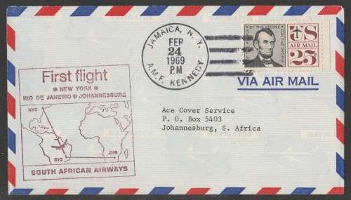 AVIATION 1969 SAA FLIGHT COVER 1ST FLIGHT NEW YORK - JHB WITH AMF KENNEDY NY D/S 24/2/69