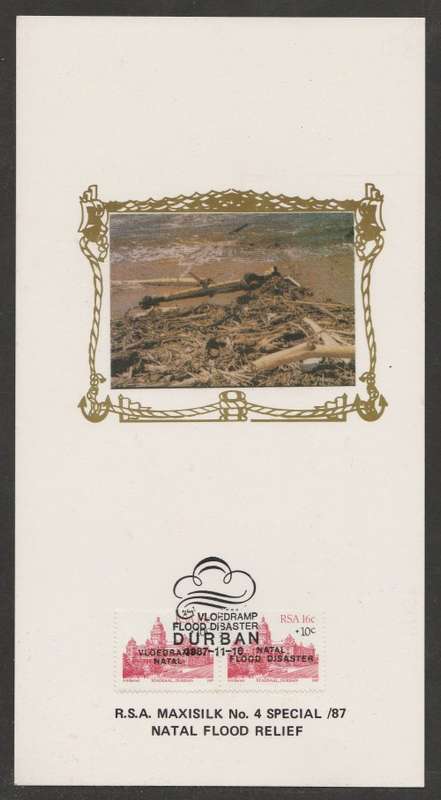 RSA 1987 NATAL FLOOD RELIEF LIMITED EDITION MAXISILK CARD # 4S/87 - WITH AFRIKAANS STAMP FIRST