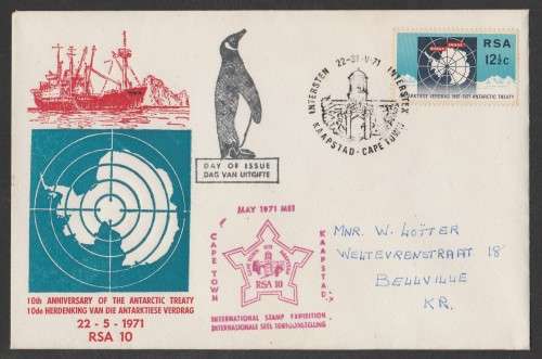 RSA 1971 ANTARCTIC TREATY ILLUSTRATED PRIVATE FDC WITH CT INTERSTEX D/S ADDRESSED TO BELLVILLE