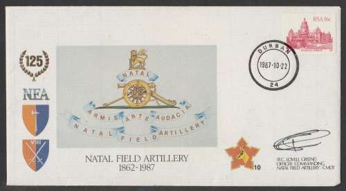 SA ARMY COM COVER #10 - 1987 125 YEARS NATAL FIELD ARTILLERY - SIGNED IN BLACK