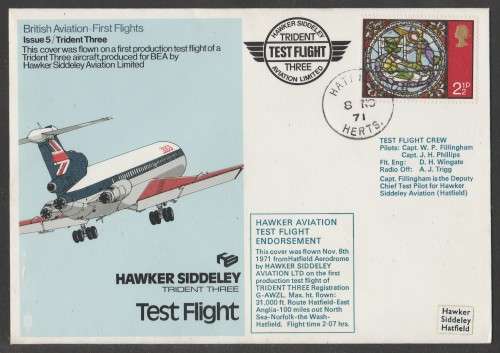 AVIATION 1971 BRITISH AVIATION FLIGHT COVER TRIDENT THREE TEST FLIGHT