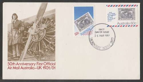 AVIATION 1981 AUSTRALIAN FLIGHT COVER 50TH ANNIV 1ST OFFICIAL AIR MAIL AUSTRALIA TO UK