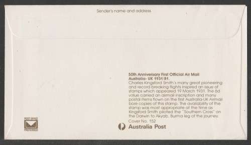 AVIATION 1981 AUSTRALIAN FLIGHT COVER 50TH ANNIV 1ST OFFICIAL AIR MAIL AUSTRALIA TO UK