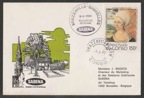AVIATION 1980 BELGUIM FLIGHT COVER SABENA AIRLINES BRAZZAVILLE CONGO TO BRUSSELS