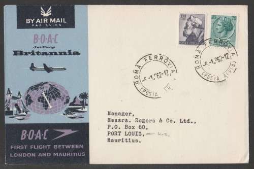 AVIATION 1962 BOAC FLIGHT COVER 1ST FLIGHT ROME TO MAURITIUS