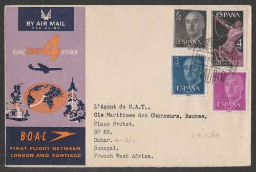 AVIATION 1960 BOAC FLIGHT COVER 1ST FLIGHT MADRID SPAIN TO DAKAR SENEGAL