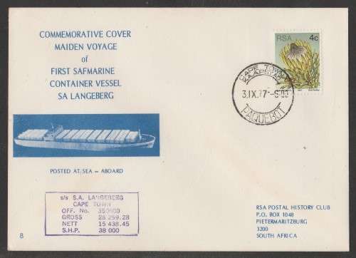RSA 1977 MAIDEN VOYAGE SAFMARINE SA LANGEBERG COM COVER #8 PAQUEBOT CAPE TOWN D/S 3/9/77
