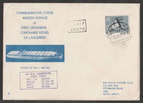 RSA 1977 MAIDEN VOYAGE SAFMARINE SA LANGEBERG COM COVER #8 PAQUEBOT BRUGGE D/S 15/9/77