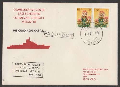 RSA 1977 LAST MAIL VOYAGE RMS GOOD HOPE CASTLE COM COVER #9 PAQUEBOT EAST LONDON D/S 8/9/77