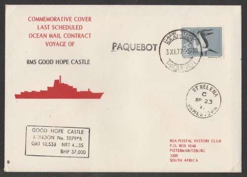 RSA 1977 LAST MAIL VOYAGE RMS GOOD HOPE CASTLE COM COVER #9 PAQUEBOT ST HELENA D/S 23/9/77