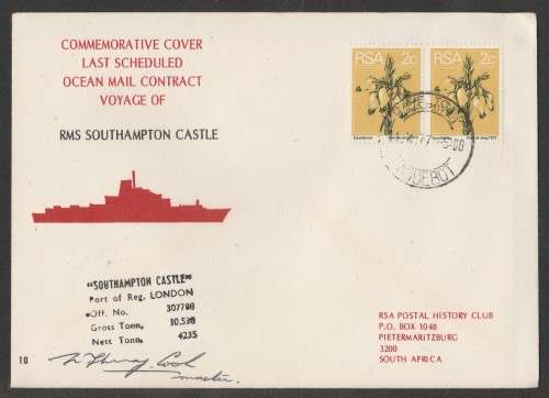 RSA 1977 LAST MAIL VOYAGE RMS SOUTHAMPTON COM COVER #10 PAQUEBOT CT D/S 11/10/77 SIGNED MASTER