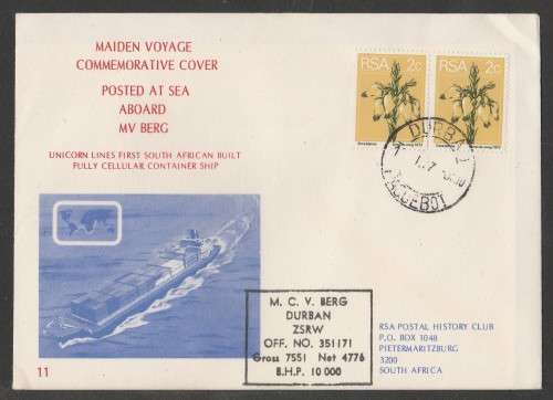 RSA 1977 MAIDEN VOYAGE MV BERG COM COVER #11 PAQUEBOT DURBAN D/S NOV 77