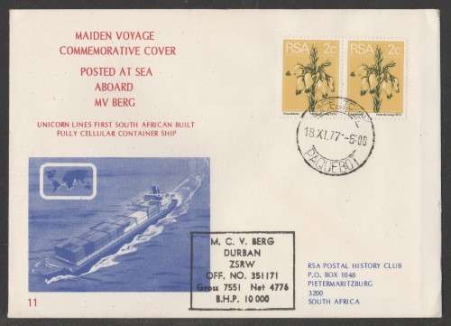 RSA 1977 MAIDEN VOYAGE MV BERG COM COVER #11 PAQUEBOT CAPE TOWN D/S 18/11/77