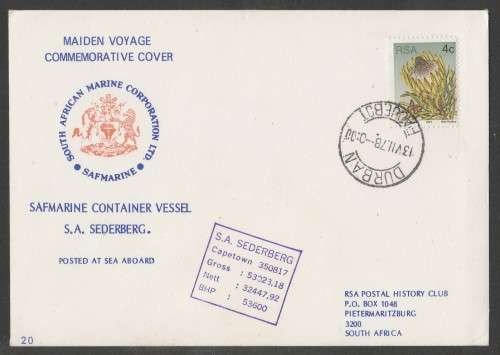 RSA 1978 MAIDEN VOYAGE SA SEDERBERG COM COVER #20 PAQUEBOT DURBAN D/S 13/7/78