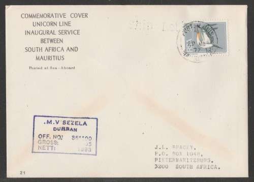 RSA 1977 INAUGURAL SERVICE SA AND MAURITIUS MV SEZELA COM COVER #21 PAQUEBOT PORT LOUIS D/S 29/11/77