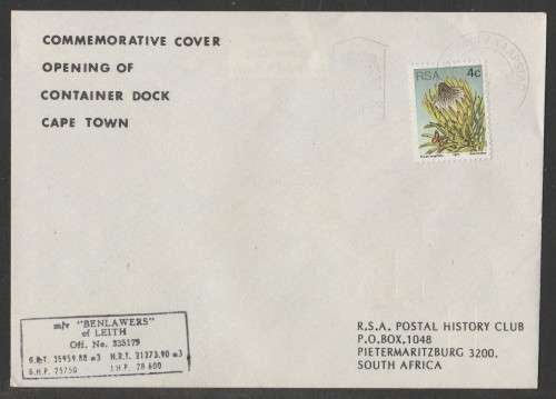 RSA 1977 OPENING OF CONTAINER DOCK CAPE TOWN M/V BENLAWERS COM COVER CAPE TOWN D/S 2/7/77