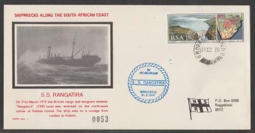 RSA 1990 IN MEMORIAM SS RANGATIRA WRECKED OFF ROBBEN ISLAND 1916 COM COVER ROBBEN ISLAND D/S 31/3/90