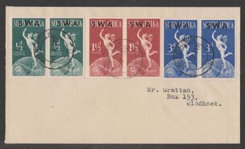 SWA 1949 75TH ANNIV UPU SET OF 3 PAIRS ON PRIVATE FDC WINDHOEK D/S