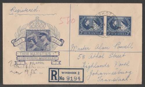 SWA 1948 SILVER WEDDING OF KING GEORGE VI PAIR ON REG ILLUSTRATED PRIVATE FDC WINDHOEK D/S