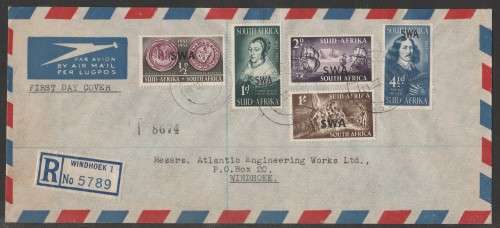 SWA 1952 LANDING OF VAN RIEBEECK SET ON REG AIRMAIL PRIVATE FDC WINDHOEK D/S