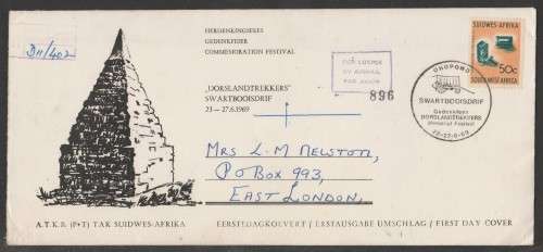 SWA 1969 MEMORIAL FESTIVAL REG AIRMAIL COM COVER WITH SWARTBOOISDRIFT D/S 23-27/6/69
