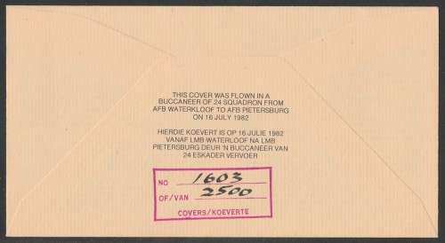 SA AIR FORCE (SAAF) FLIGHT COVER #10 1982 BOSTON SHUTTLE SERVICE SIGNED BY 2 PLUS ARTIST G VAN RHYN