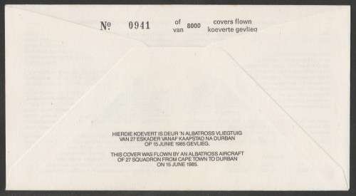 SA AIR FORCE (SAAF) FLIGHT COVER #21 1985 SAAF AIRMAIL SIGNED CASPAREUTHIUS PLUS ARTIST G VAN RHYN