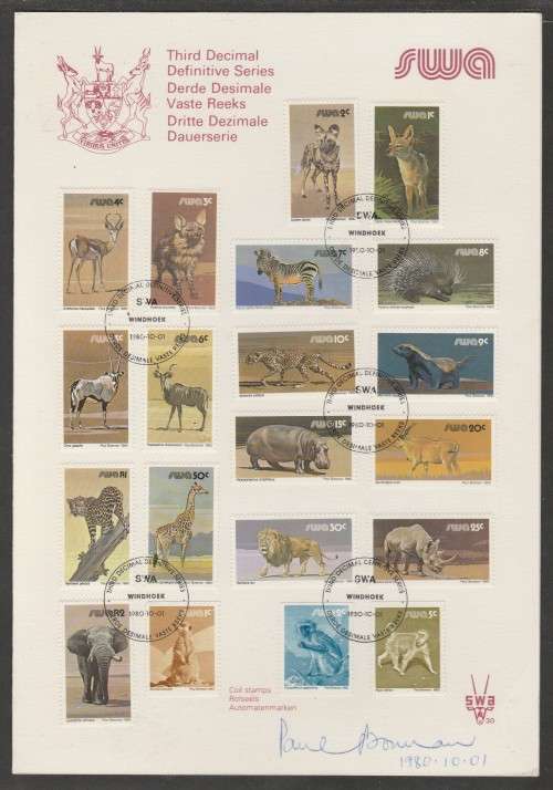 SWA 1980 3RD DECIMAL DEFINITIVE ANIMALS FD FOLDER #30 SIGNED BY STAMP ARTIST PAUL BOSMAN