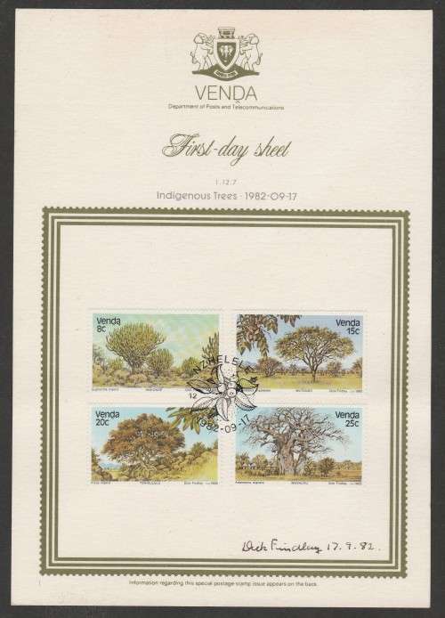 VENDA 1982 INDIGENOUS TREES FIRST DAY CARD 1.12.7 SIGNED BY STAMP ARTIST DICK FINDLAY