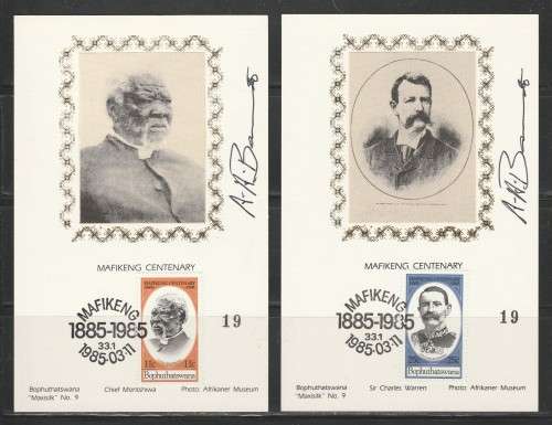 BOP 1985 MAFIKENG CENTENARY SET OF 2 LIMITED EDITION MAXISILK CARDS # 9 SIGNED BY ARTIST AH BARRETT