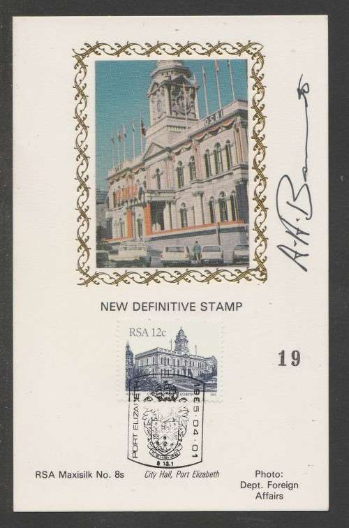 RSA 1985 12c DEFINITIVE LIMITED EDITION MAXISILK CARD #8S SIGNED BY ARTIST AH BARRETT