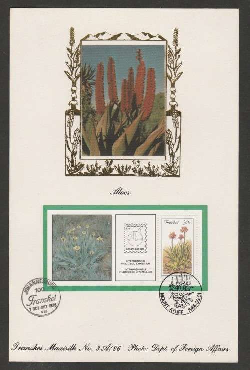 TRANSKEI 1986 ALOES M/S LIMITED EDITION MAXISILK CARD # 3A/86 WITH ADDED JHB100 D/S