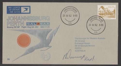 SA AIRWAYS (SAA) FLIGHT COVER # 35 1982 BOEING 747SP JHB-PERTH SIGNED CAPTAIN DUVENAGE
