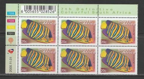 RSA 2000 7TH DEF 20c FISHES MNH CONTROL BLOCK 7008/7011 OF 6 DATED 2000/11/01