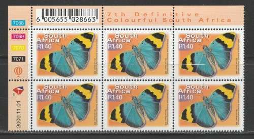 RSA 2000 7TH DEF R1.40 BUTTERFLIES MNH CONTROL BLOCK 7068/7071 OF 6 DATED 2000/11/01