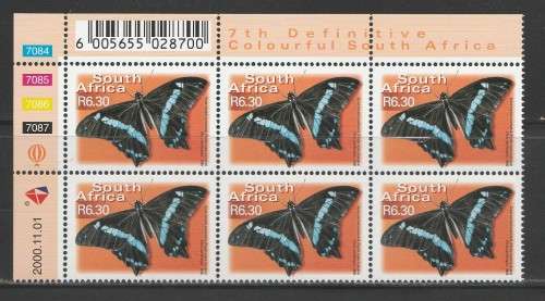 RSA 2000 7TH DEF R6.30 BUTTERFLIES MNH CONTROL BLOCK 7084/7087 OF 6 DATED 2000/11/01