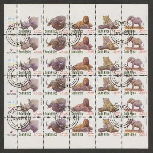 RSA 1998 BIG 5 USED (CTO) FULL SHEET OF 30 WITH MULTIPLE IMPERFS