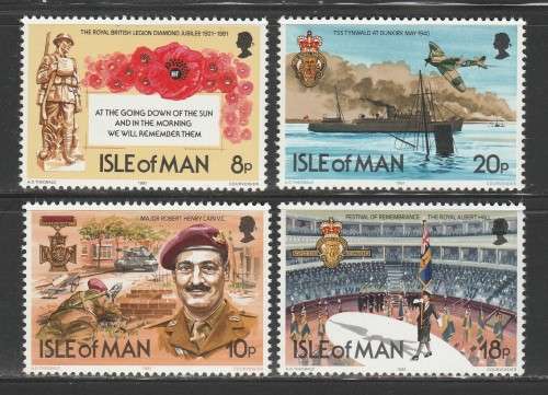THEMATIC AIRCRAFT - ISLE OF MAN 1981 BRITISH LEGION DIAMOND JUBILEE SET OF 4 MNH SINGLES