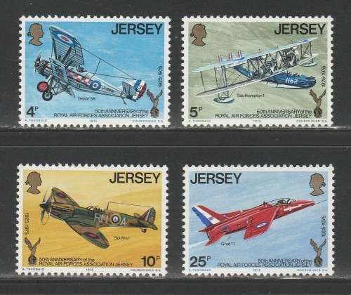 THEMATIC AIRCRAFT - JERSEY 1975 50TH ANNIV ROYAL AIRFORCES ASSOCIATION SET OF 4 MNH SINGLES
