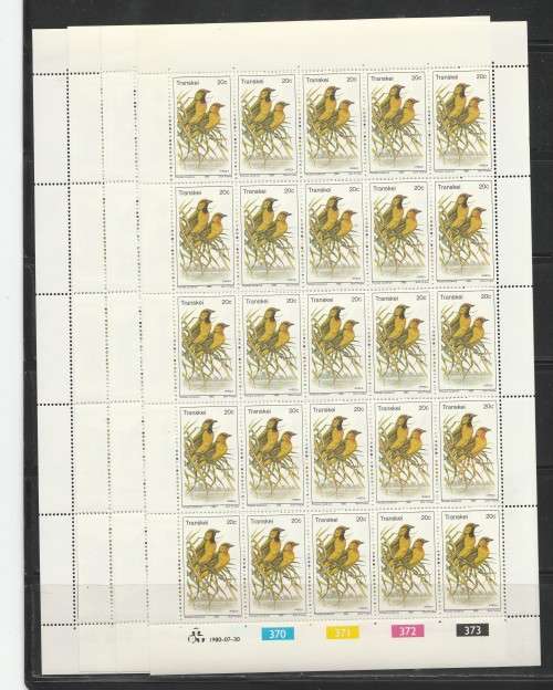 TRANSKEI 1980 BIRDS SET OF 4 MNH FULL SHEETS OF 25