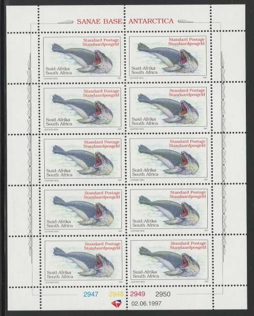RSA 1997 LEOPARD SEAL SP ADDITIONAL DEFINITIVE MNH FULL SHEET OF 10 PANE D